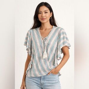 NWT Boutique Umgee Boho Faux Wrap Tassel Ruffle Top Size Small